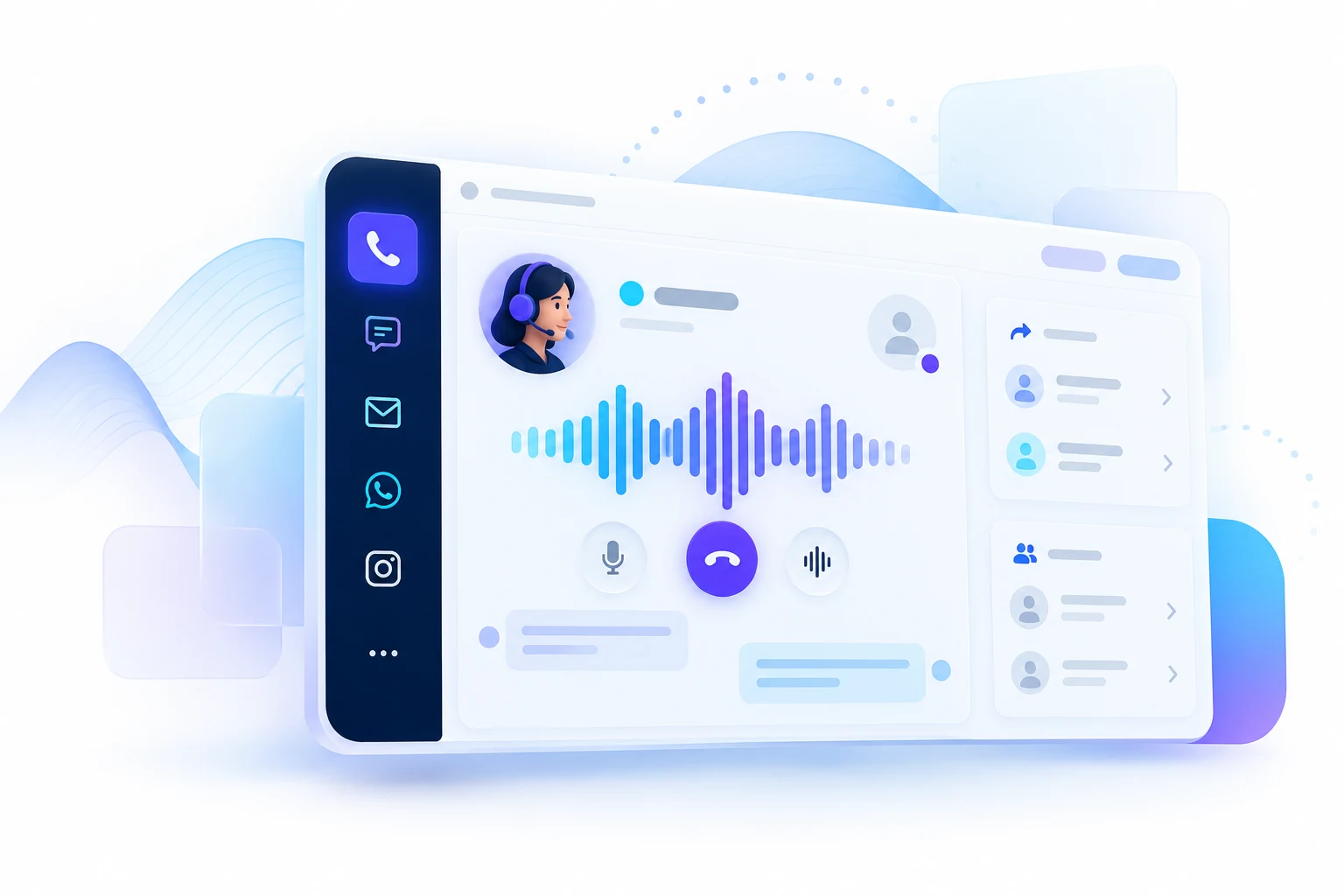 Illustration of a contact center workspace with voice conversation and agent handoff